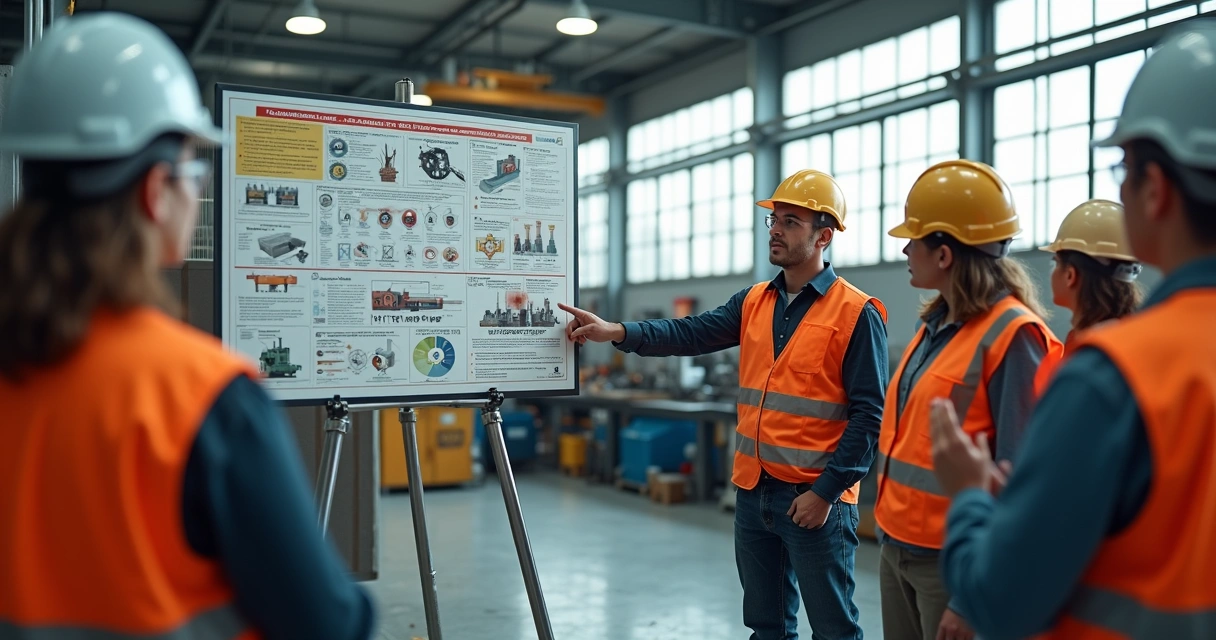 Instrutor aplicando treinamento de segurança em chão de fábrica na indústria 