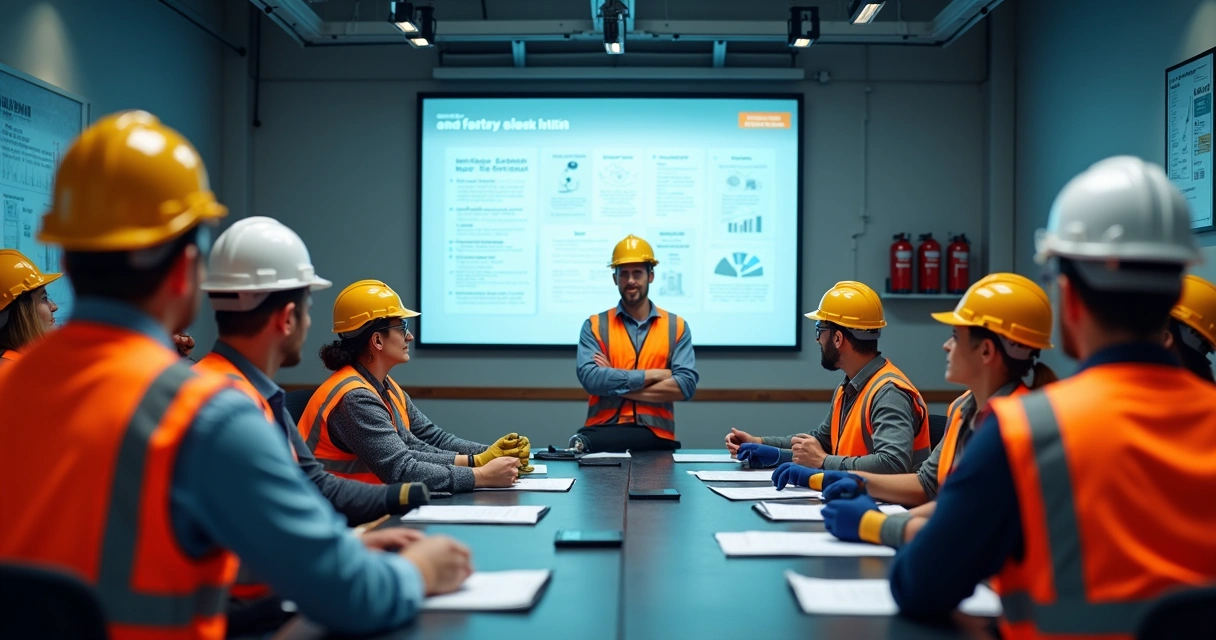 Treinamento de segurança industrial com trabalhadores usando EPIs 