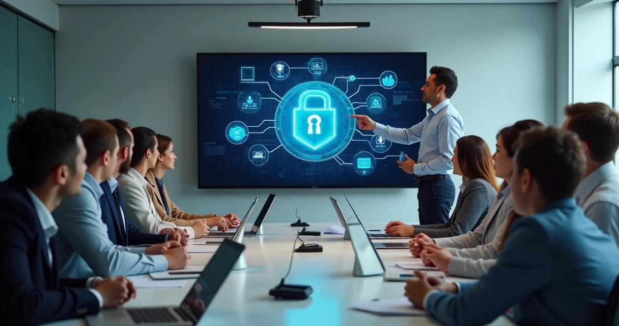 Colaboradores em sala assistindo apresentação sobre segurança da informação. 