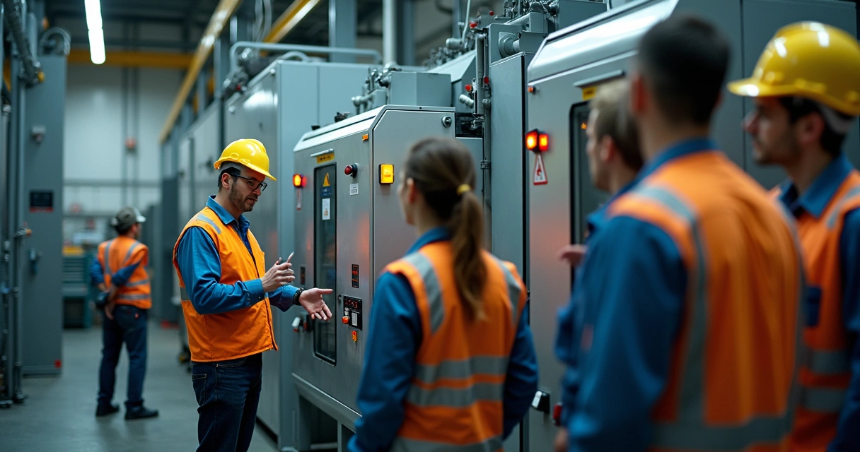 Instrutor mostrando máquina industrial durante treinamento de segurança NR12 