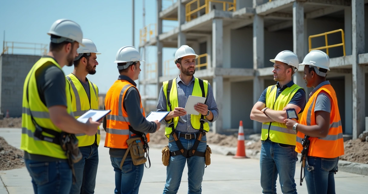 Instrutor orienta trabalhadores em treinamento de segurança na obra