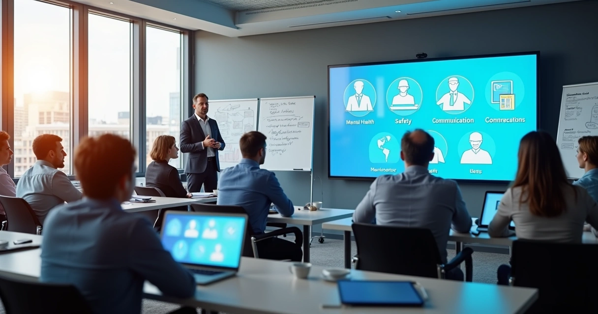 Sala de treinamento corporativo com colaboradores atentos ao instrutor 