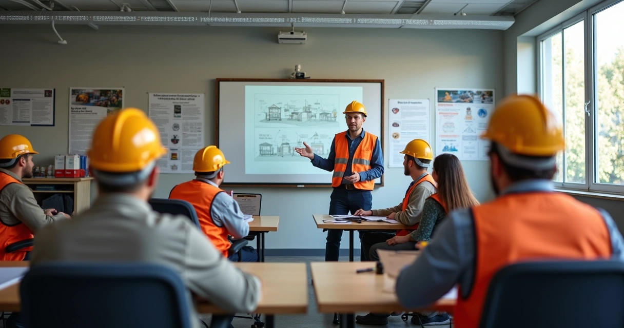 Instrutor orienta grupo de trabalhadores com EPI em sala de treinamento profissional 