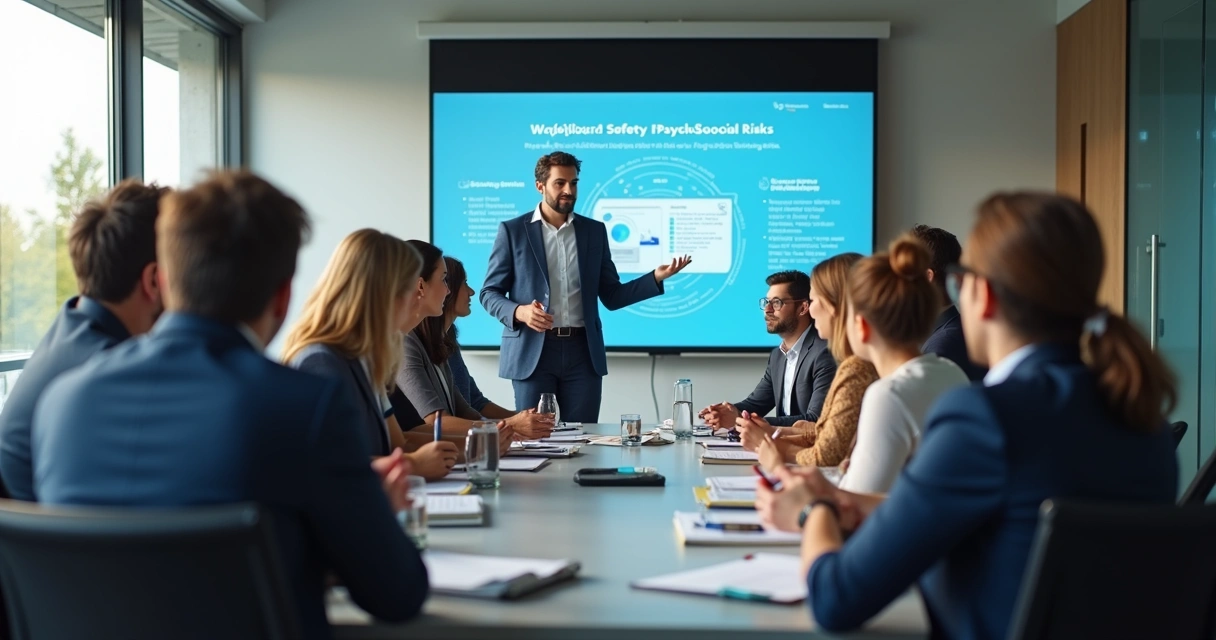 Colaboradores participando de treinamento de segurança do trabalho em sala de reuniões 