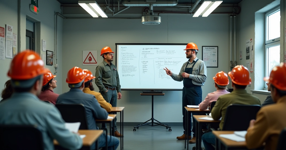 Trabalhadores de pequena empresa recebendo treinamento de segurança