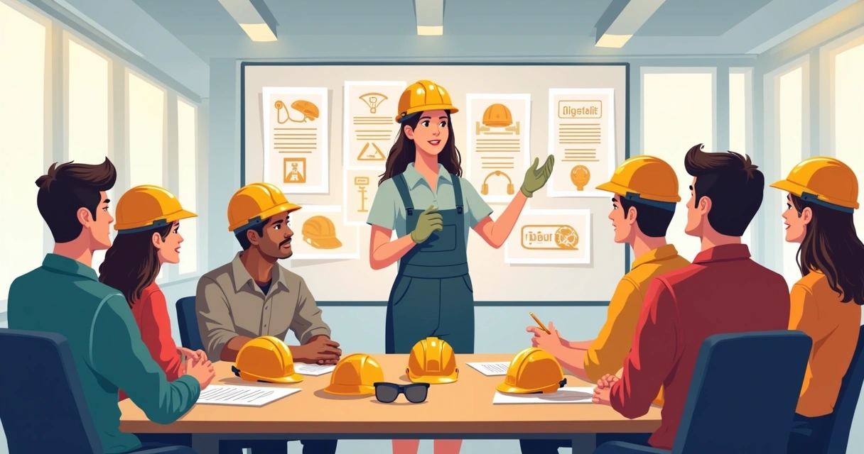 Instrutora mostrando equipamento de segurança para grupo de funcionários em sala de treinamento 