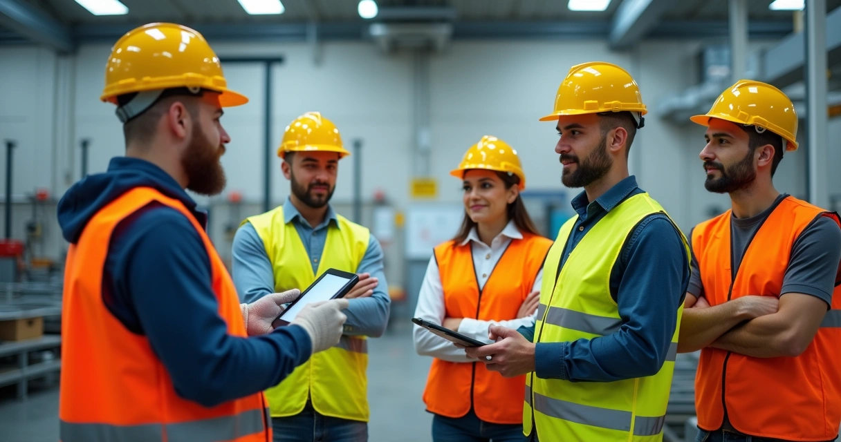 Treinamento de equipe de trabalhadores em segurança no trabalho com equipamentos de proteção em ambiente industrial moderno 