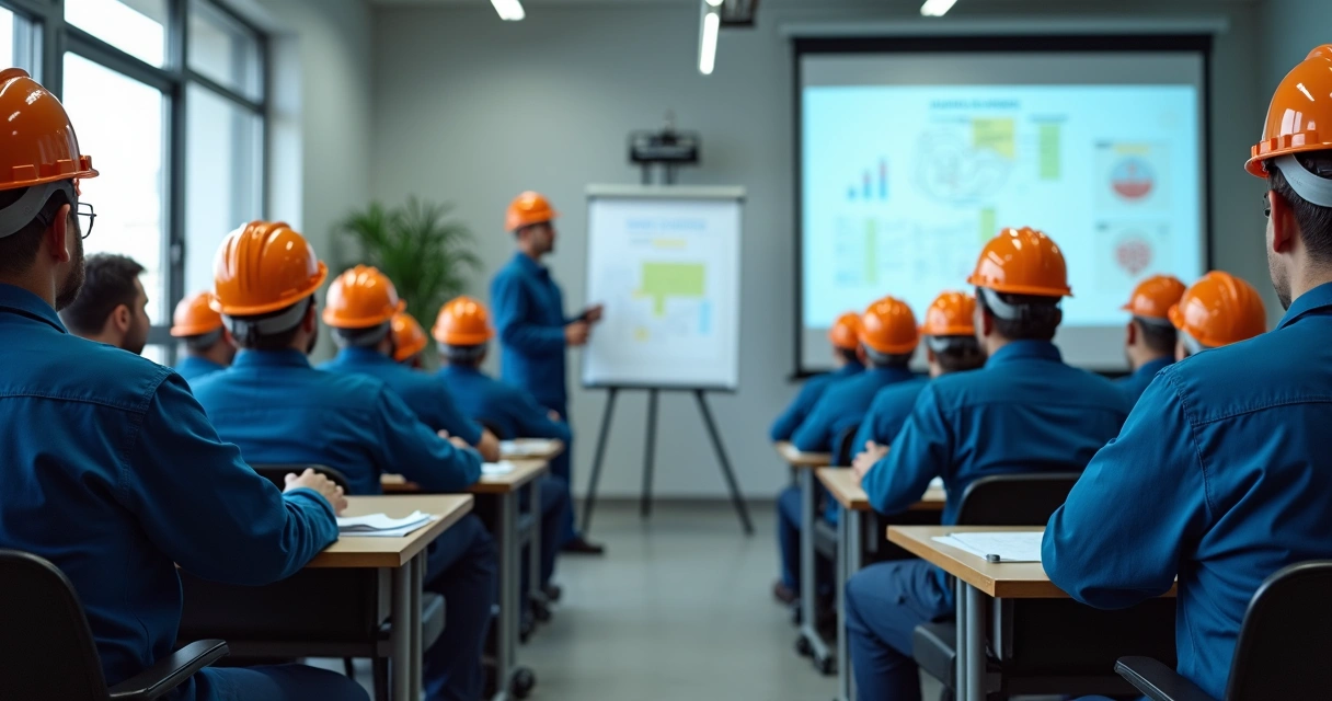 Sala de treinamento com funcionários assistindo apresentação sobre segurança do trabalho