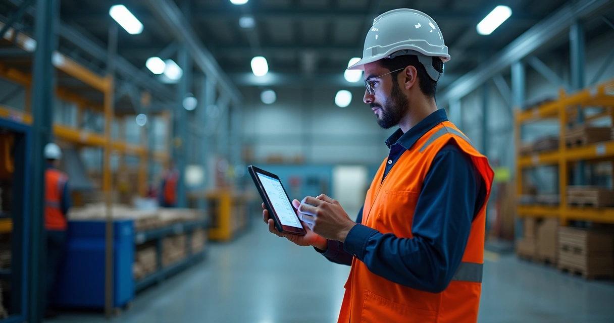 Equipe de trabalhadores em capacitação de segurança do trabalho usando tablets com conteúdo digital interativo 