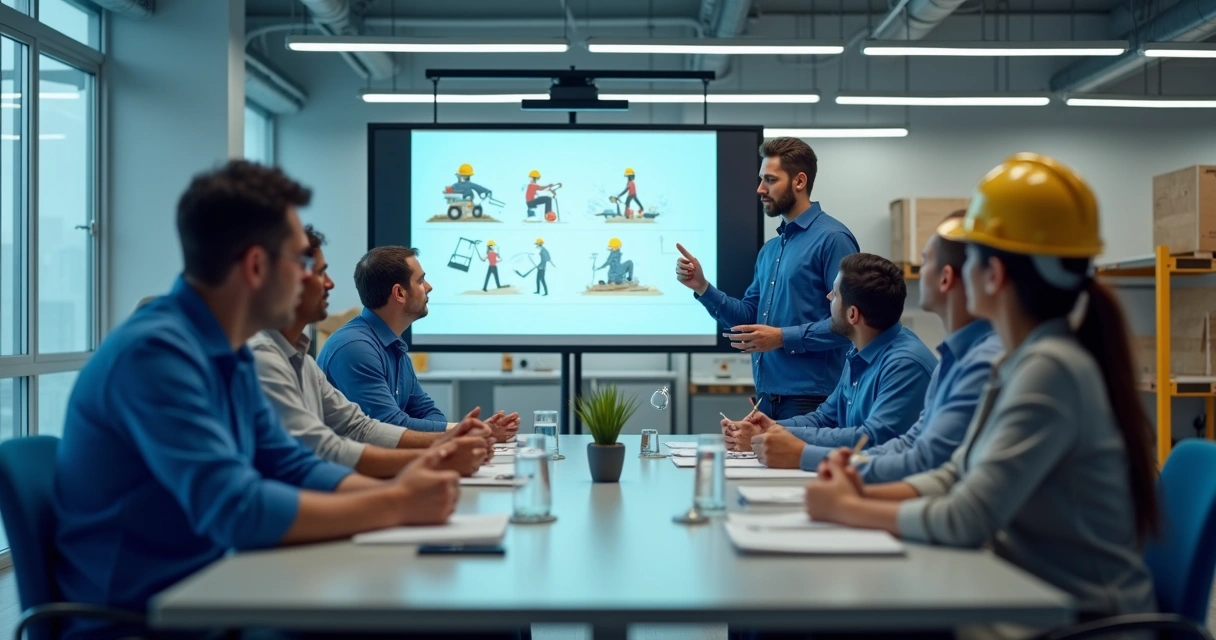 Pequeno grupo de colaboradores participando de treinamento de segurança do trabalho em sala de reunião clara 