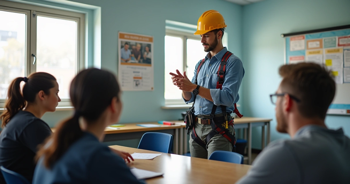 Instrutor demonstra uso de EPI em sala de treinamento 