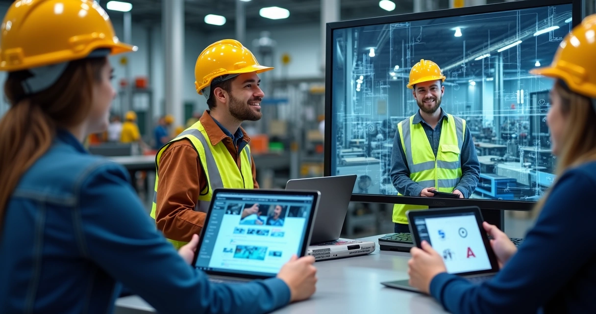 Trabalhadores utilizando plataforma EaD para treinamento de segurança no trabalho em ambiente industrial moderno, com telas digitais mostrando vídeos, quizzes e simulações com realidade aumentada 