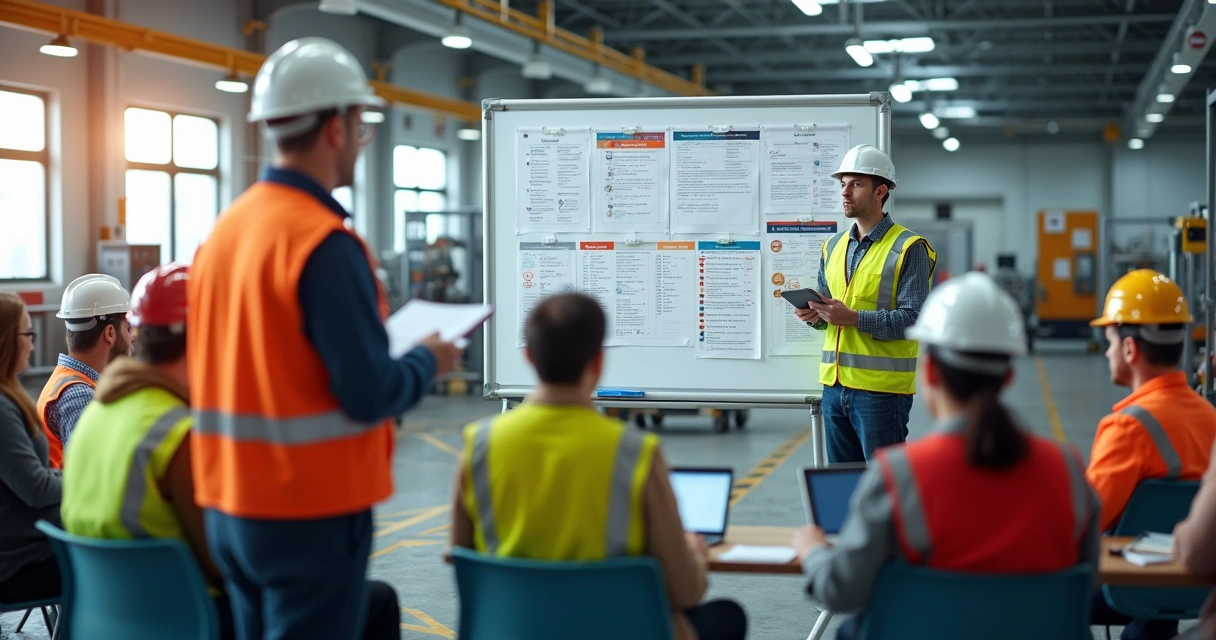 Instrutor SESMT demonstrando procedimentos de segurança a grupo de trabalhadores em fábrica 