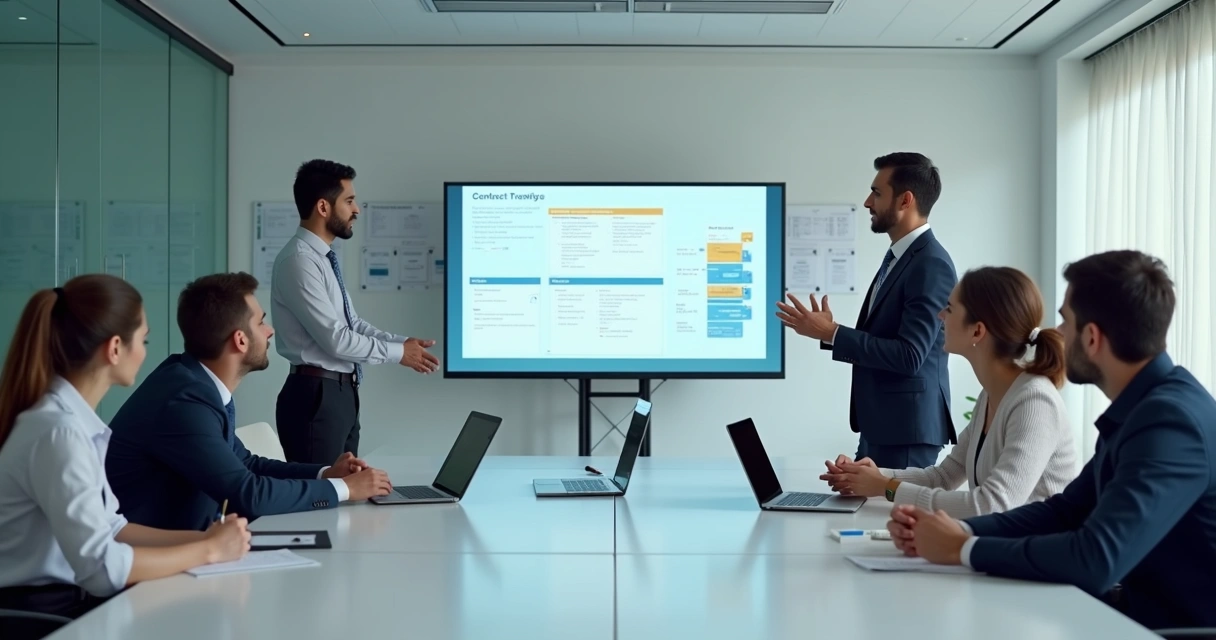 Profissional ministrando treinamento de licitações para equipe em escritório moderno