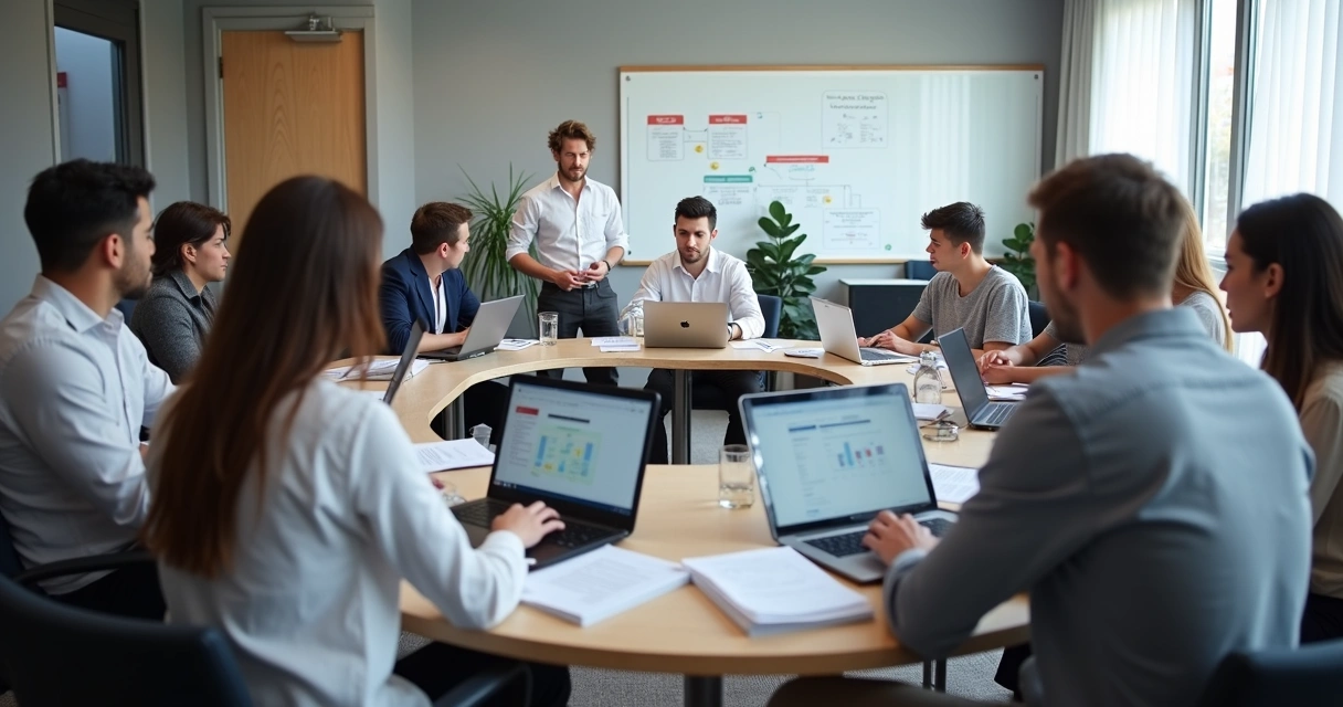 Equipe em sala dividida em setores realizando treinamento ERP 