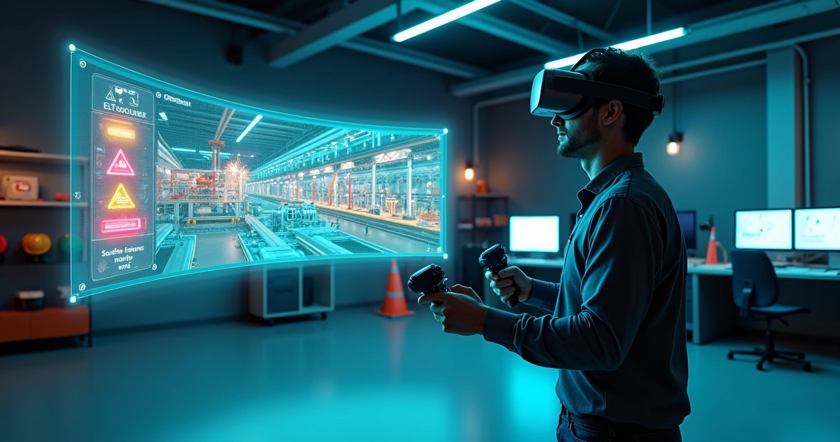 Profissional usando simulador de realidade virtual para segurança no trabalho em ambiente industrial 