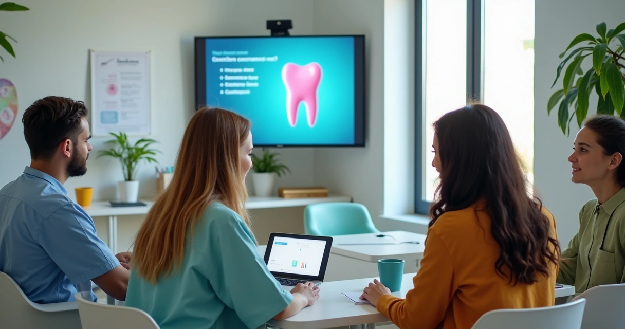 Equipe de clínica odontológica treinando em sistema digital 