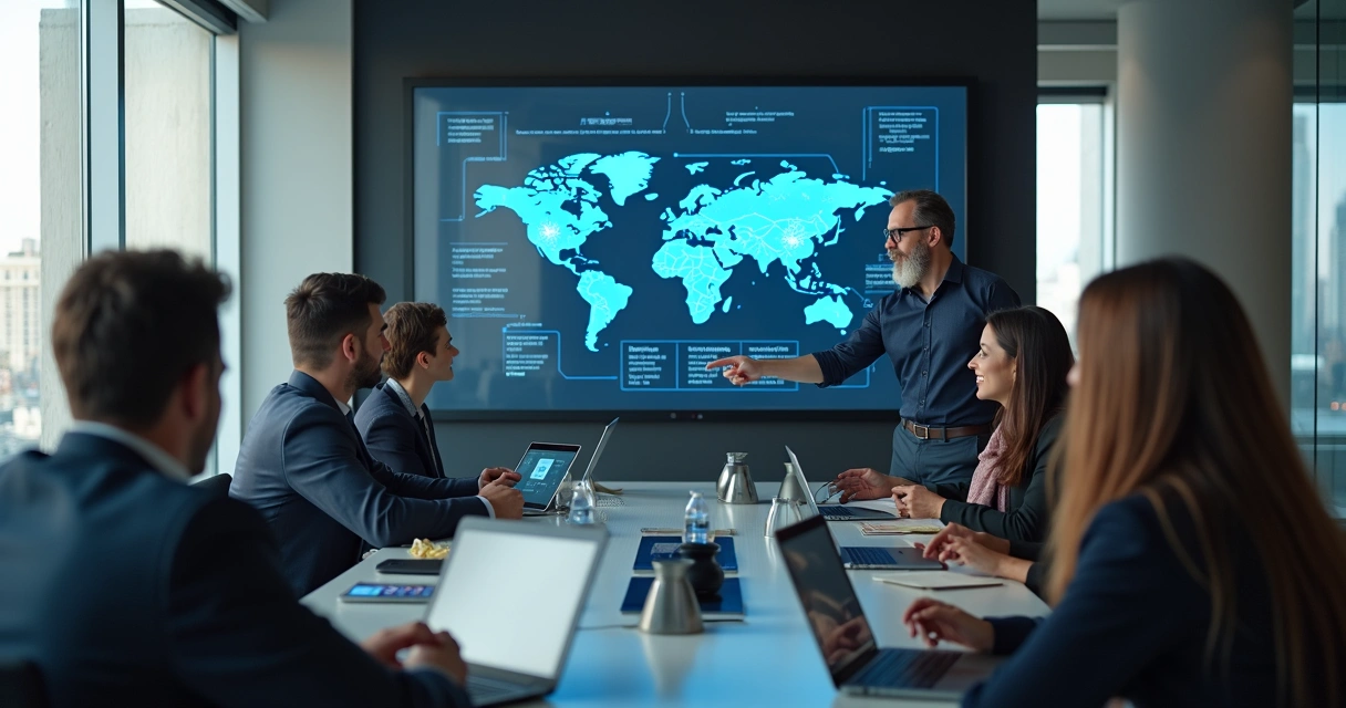 Equipe participando de uma sessão de treinamento sobre inteligência artificial, com slides visuais e computadores na mesa 