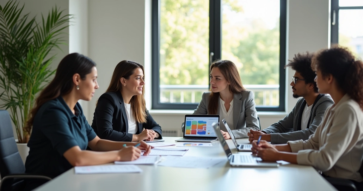 Equipe diversa em reunião moderna discutindo desenvolvimento de soft skills com gráficos e notas visíveis
