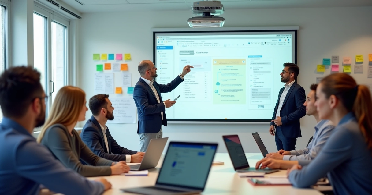Equipe condominial sendo treinada em sala para uso de software de atendimento centralizado 