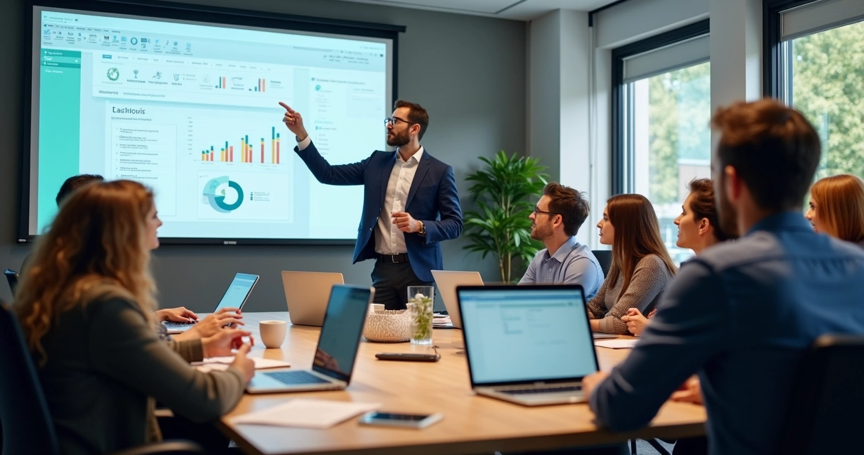 Treinamento de equipe em sala para novo sistema contábil