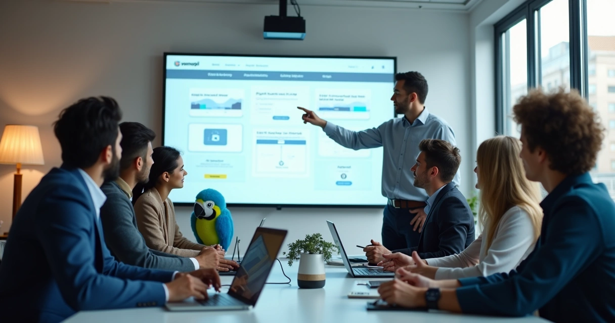 Equipe de empresa em treinamento com software em projetor 