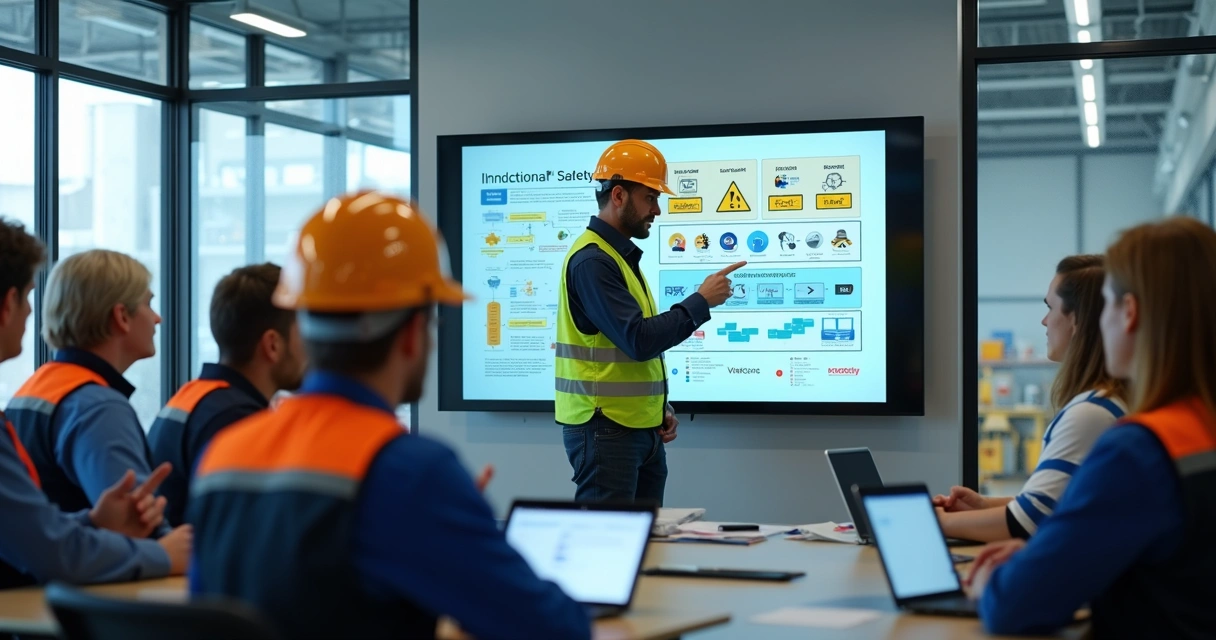 Equipe em treinamento de segurança do trabalho com instrutor mostrando orientações de SST em telão 