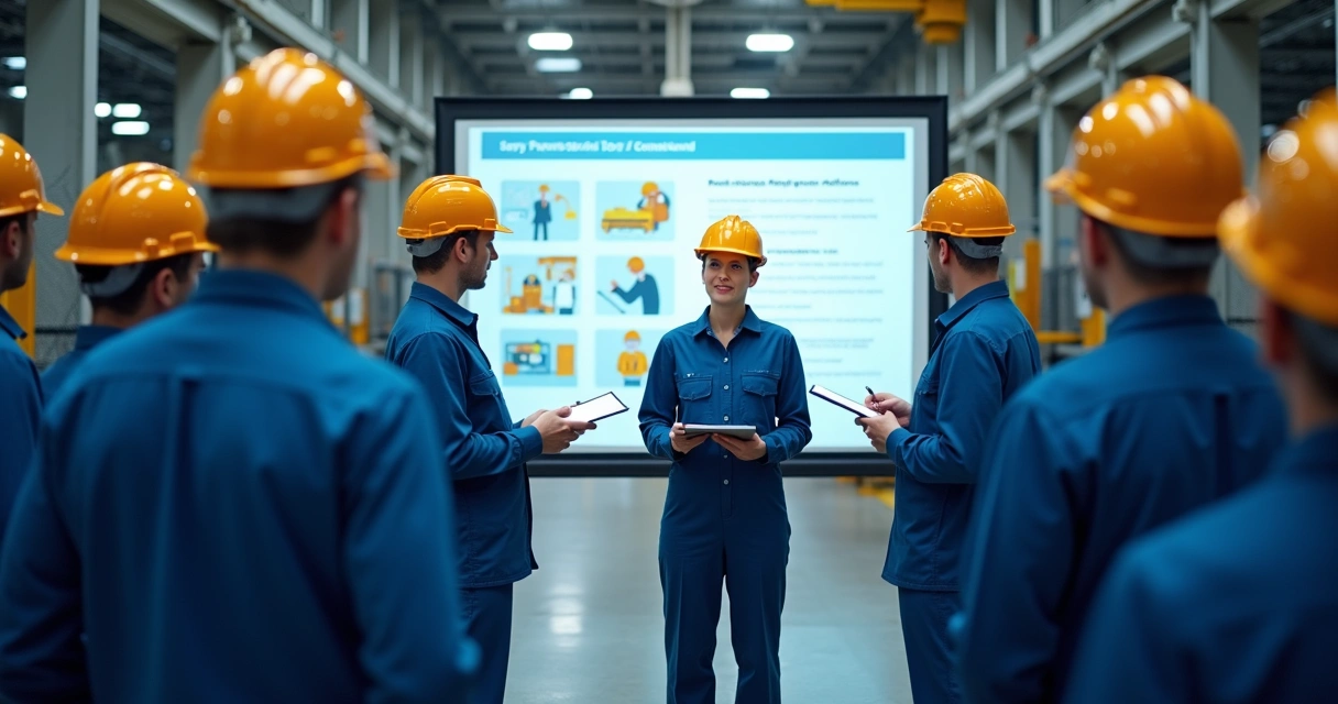 Funcionários participam de treinamento de segurança em indústria