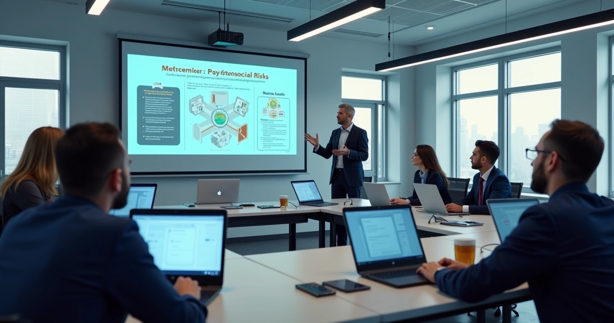 Instrutor em sala de treinamento digital com trabalhadores