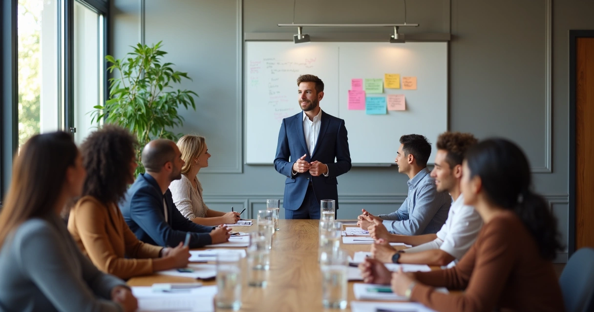 Pessoas em sala de treinamento participando de dinâmica, instrutor sorrindo, quadro branco ao fundo 