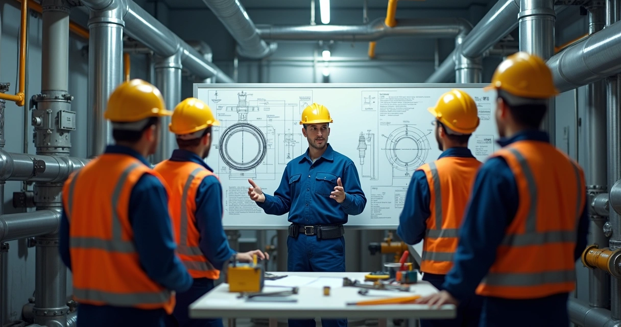 Instrutor treinando operadores em indústria, com quadro explicativo sobre caldeiras ao fundo 
