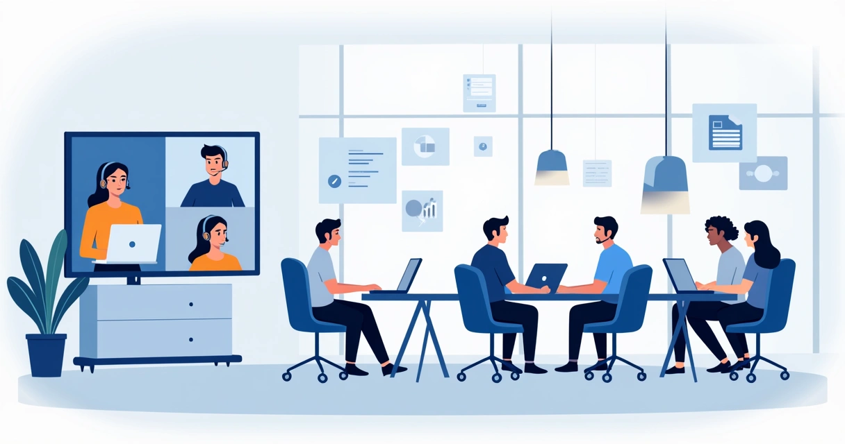 Ilustração corporativa de equipe híbrida em treinamento técnico, com pessoas em videoconferência e outras presencialmente em sala moderna 