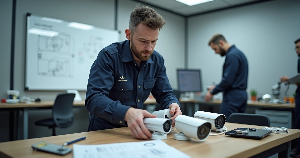Técnico realizando treinamento de instalação de câmeras de segurança em uma bancada de trabalho