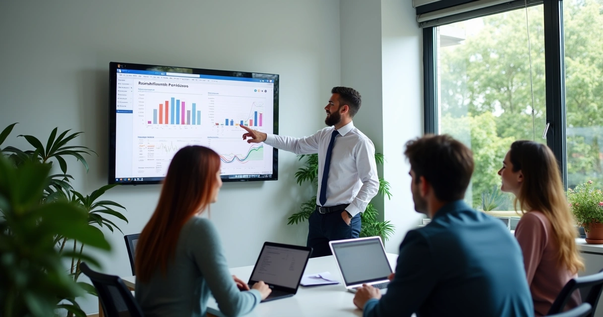 Pequeno grupo recebe treinamento em software de contabilidade no escritório 