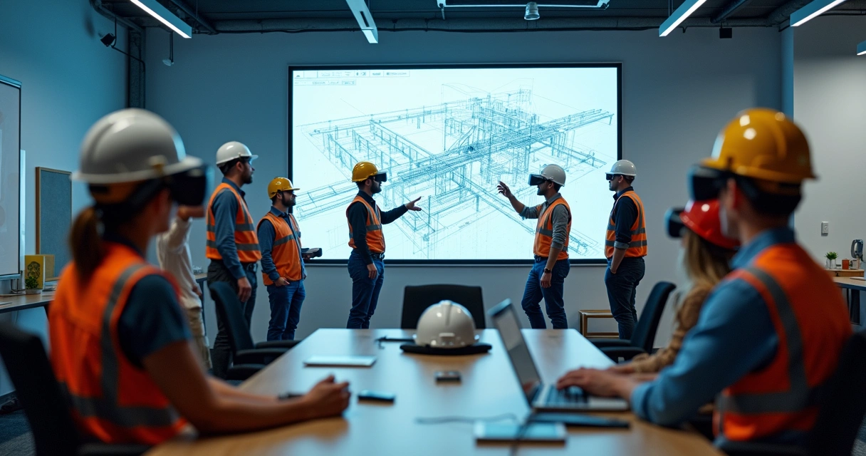 Equipe de obra em treinamento de tecnologia