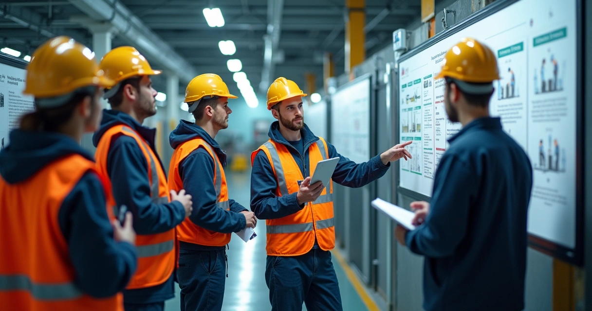 Instrutor com grupo de trabalhadores terceirizados usando EPIs em ambiente industrial 