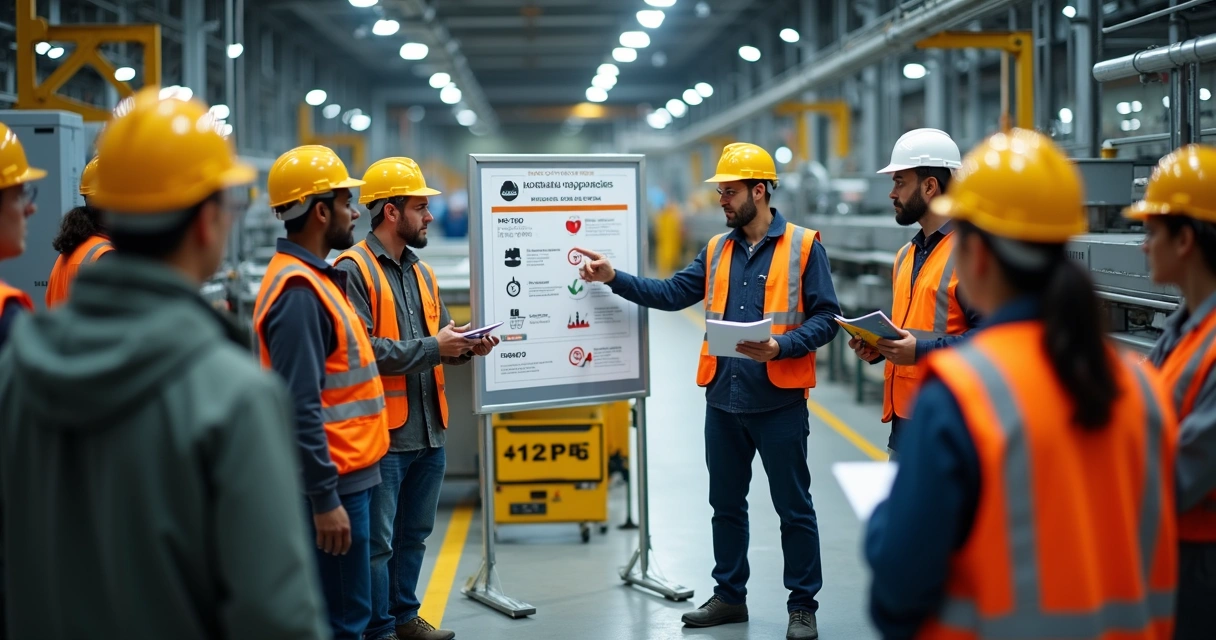 Terceirizados e equipe da fábrica reunidos em treinamento de segurança na área industrial 