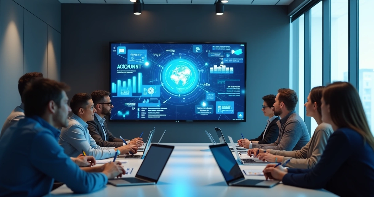 Equipe de contabilidade participando de treinamento de tecnologia 