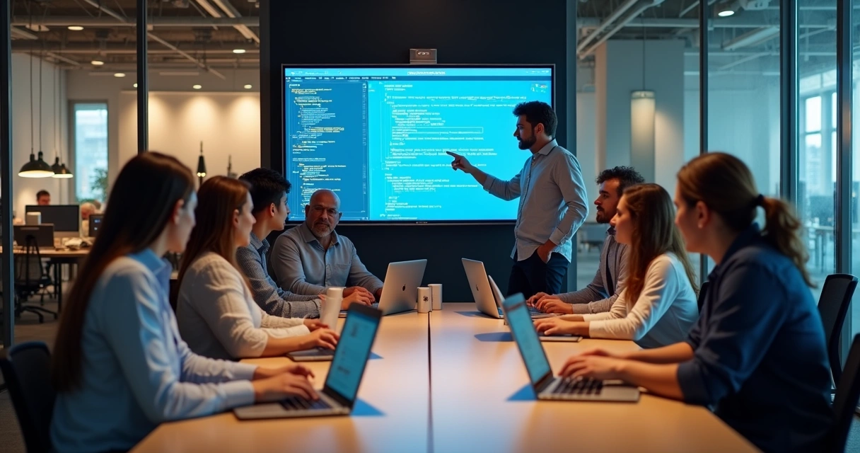 Equipe de TI reunida em mesa retangular analisando conteúdo digital em notebooks e telão 