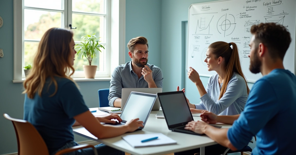 Equipe pequena sendo orientada em treinamento de TI na empresa. 