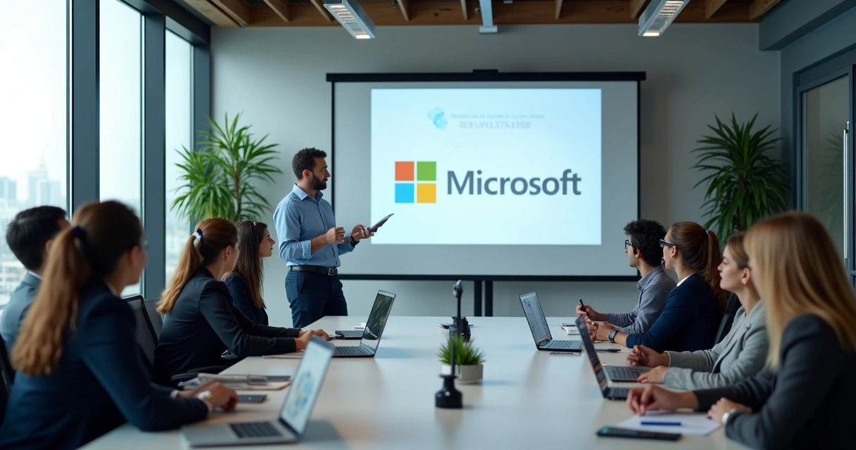 Equipe de TI sendo treinada em sala de reunião 