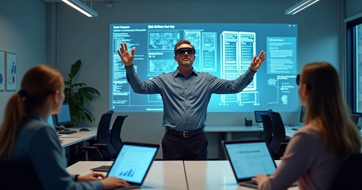 Instrutor de TI demonstrando realidade aumentada para colaboradores usando óculos inteligentes. 