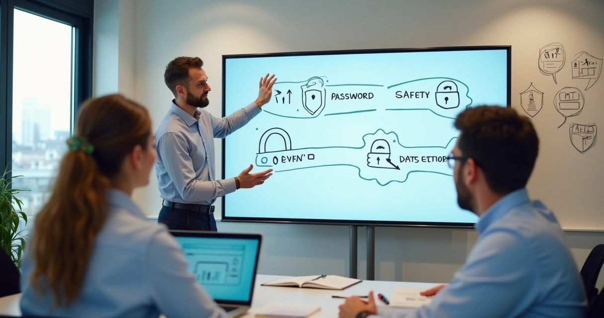 Mini treinamento sobre segurança da informação em sala de reunião 