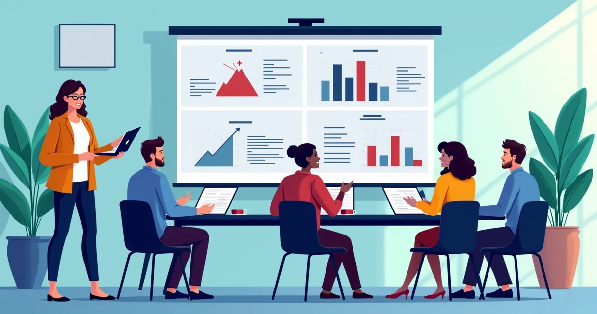 Equipe digital reunida para treinamento na agência, com apresentação em tela 