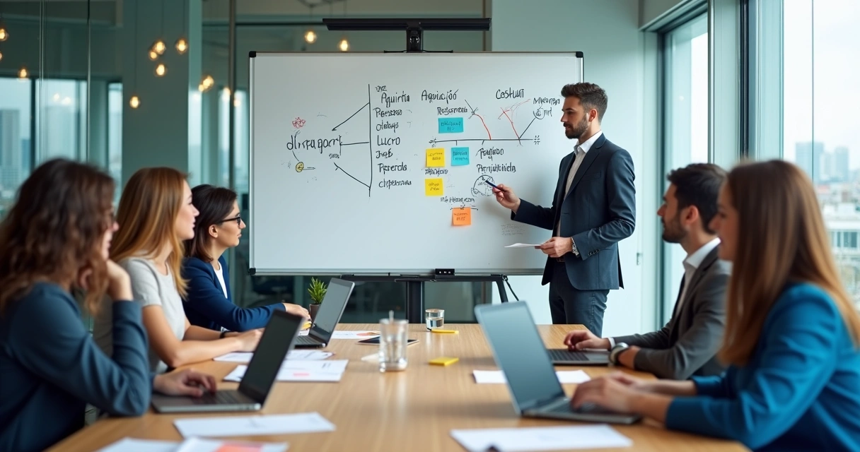 Equipe de agência digital em treinamento colaborativo em quadro branco 