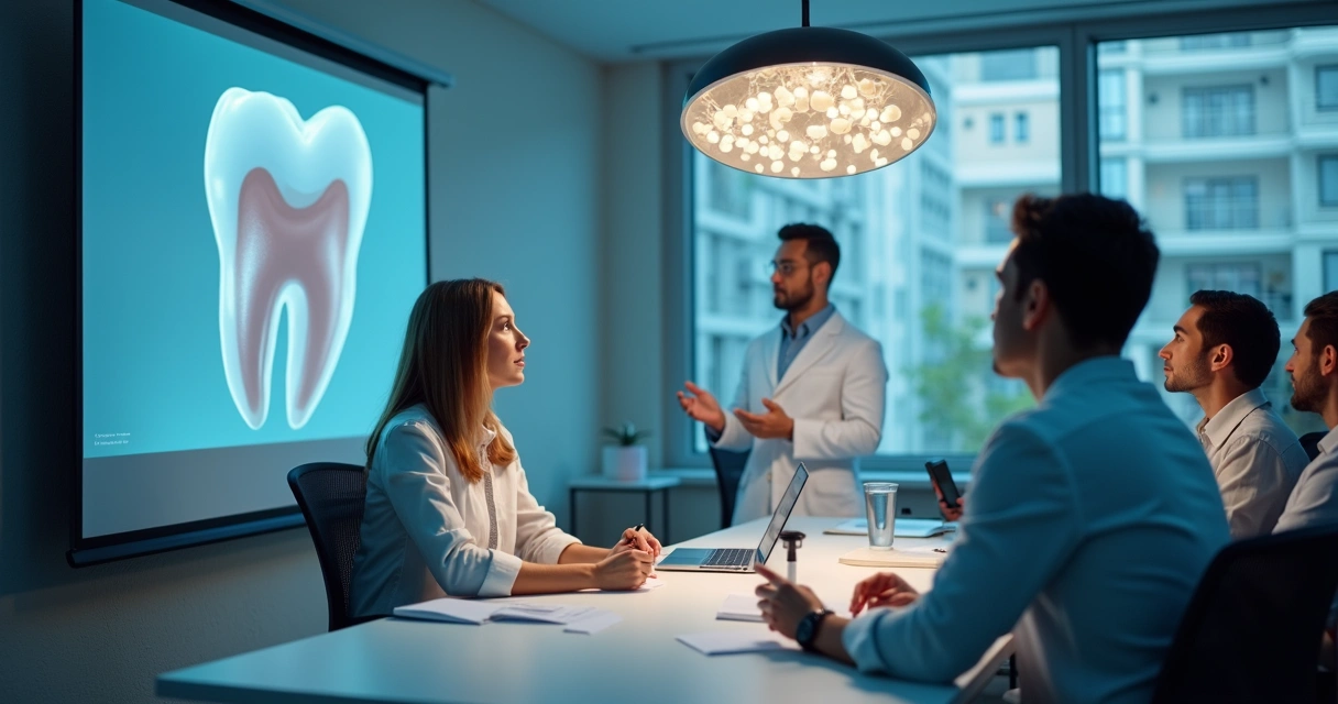 Treinamento da equipe em clínica odontológica com quadro branco e instruções
