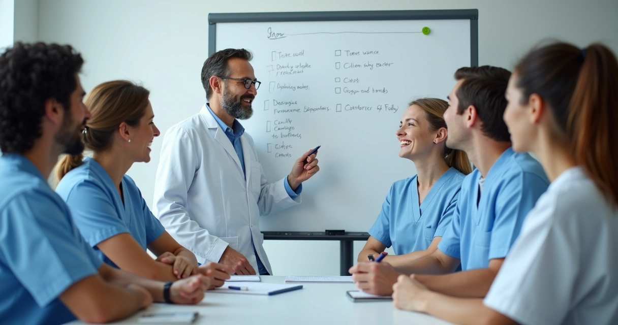 Equipe de clínica odontológica em treinamento, rindo e participando de dinâmica com perguntas escritas no quadro