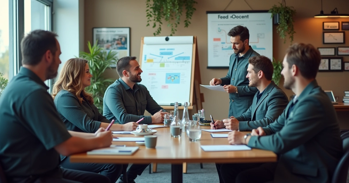 Time de vendas em treinamento comercial, simulando atendimento ao cliente 