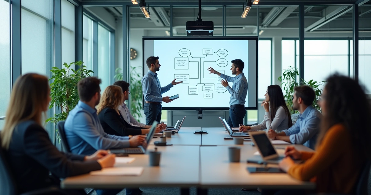 Treinamento de equipe empresarial em sala moderna 