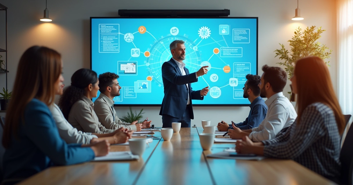 Profissionais assistindo treinamento de IA em escritório 